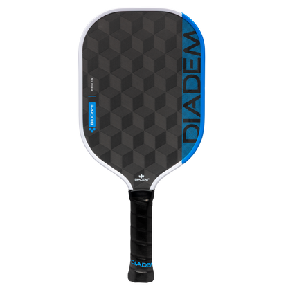 The Diadem Edge BluCore Pro 14mm Pickleball Paddle features a black and blue geometric design with the "Diadem" brand name boldly displayed along the edge.