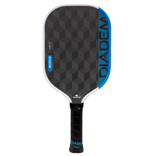 The Diadem Edge BluCore Pro 14mm Pickleball Paddle features a black and blue geometric design with the "Diadem" brand name boldly displayed along the edge.