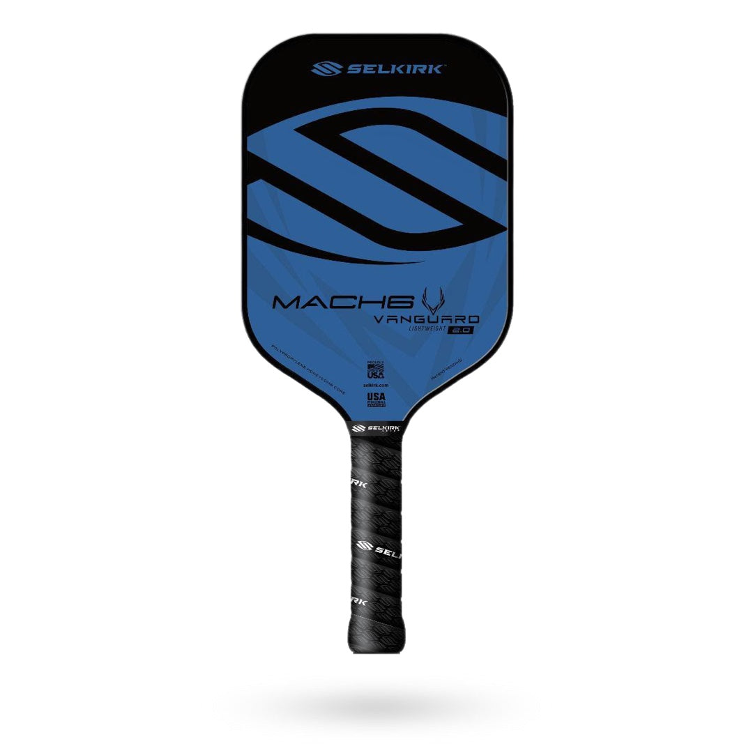 A blue and black Selkirk Vanguard Mach6 Pickleball Paddle with "Mach 6 Vanguard" printed on the face, perfect for tennis players looking to master their two-handed backhand. The handle is wrapped in black grip tape featuring the "Selkirk" branding.