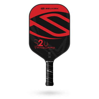 Black and red Selkirk Vanguard S2 Pickleballist paddle with the largest surface area against a white background.