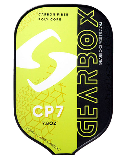 Image of the Gearbox CP7 Pickleball Paddle with a green and black design. The text on the paddle reads "Carbon Fiber Poly Core, CP7 7.8 OZ, Gearboxsports.com, GPPDLE/USAPA Approved." Featuring a carbon fiber face for optimal performance.