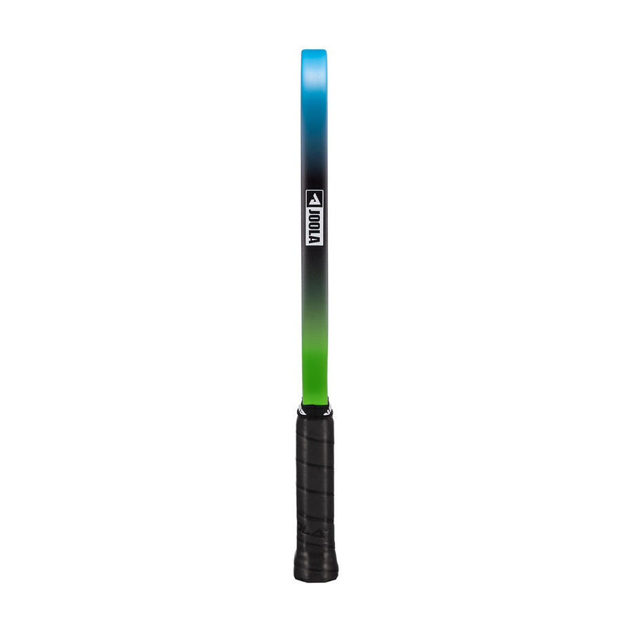 A tennis racket with a black grip, green lower frame, and blue upper frame stands upright, its side profile echoing the design of the JOOLA Hyperion 3S Dual 16mm Pickleball Paddle by JOOLA.