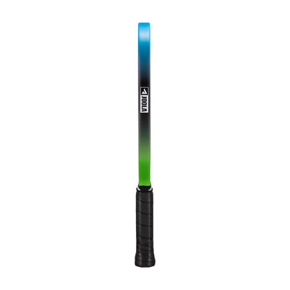 A tennis racket with a black grip, green lower frame, and blue upper frame stands upright, its side profile echoing the design of the JOOLA Hyperion 3S Dual 16mm Pickleball Paddle by JOOLA.