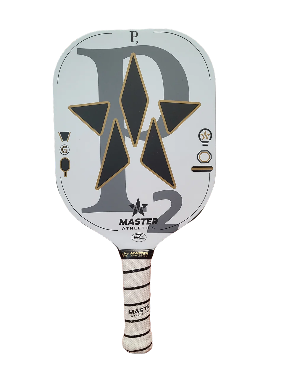 A Master Athletics P2 Pickleball Paddle with a silver and gray design featuring three black stars, set against a background with horizontal multicolored stripes.