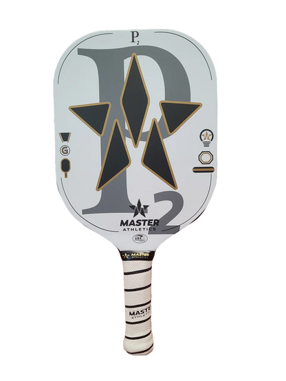 A Master Athletics P2 Pickleball Paddle with a silver and gray design featuring three black stars, set against a background with horizontal multicolored stripes.