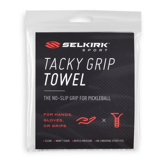 The Selkirk Sport Tacky Grip Pickleball Towel by Selkirk is designed for hands, gloves, or grips. It offers features like a clean application, no staining, moisture repelling, and no lingering sticky feel.