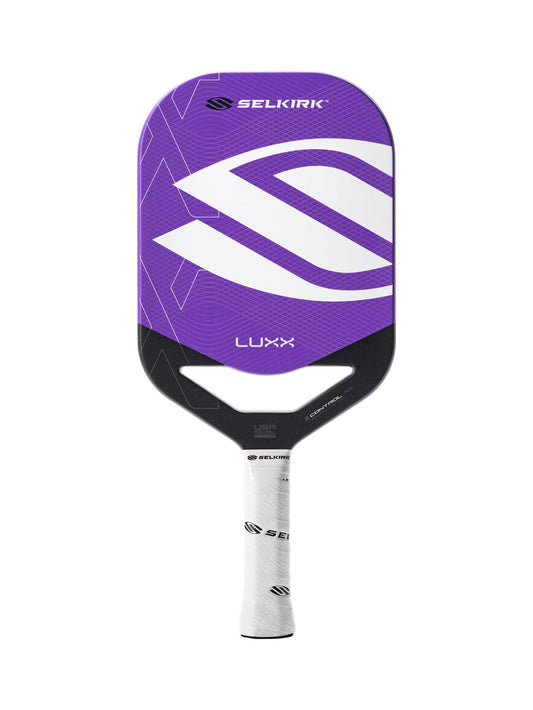 The Selkirk LUXX Control Air Invikta with InfiniGrit Pickleball Paddle features a bold purple and black geometric design with a white grip, offering standout style and high performance for your game.