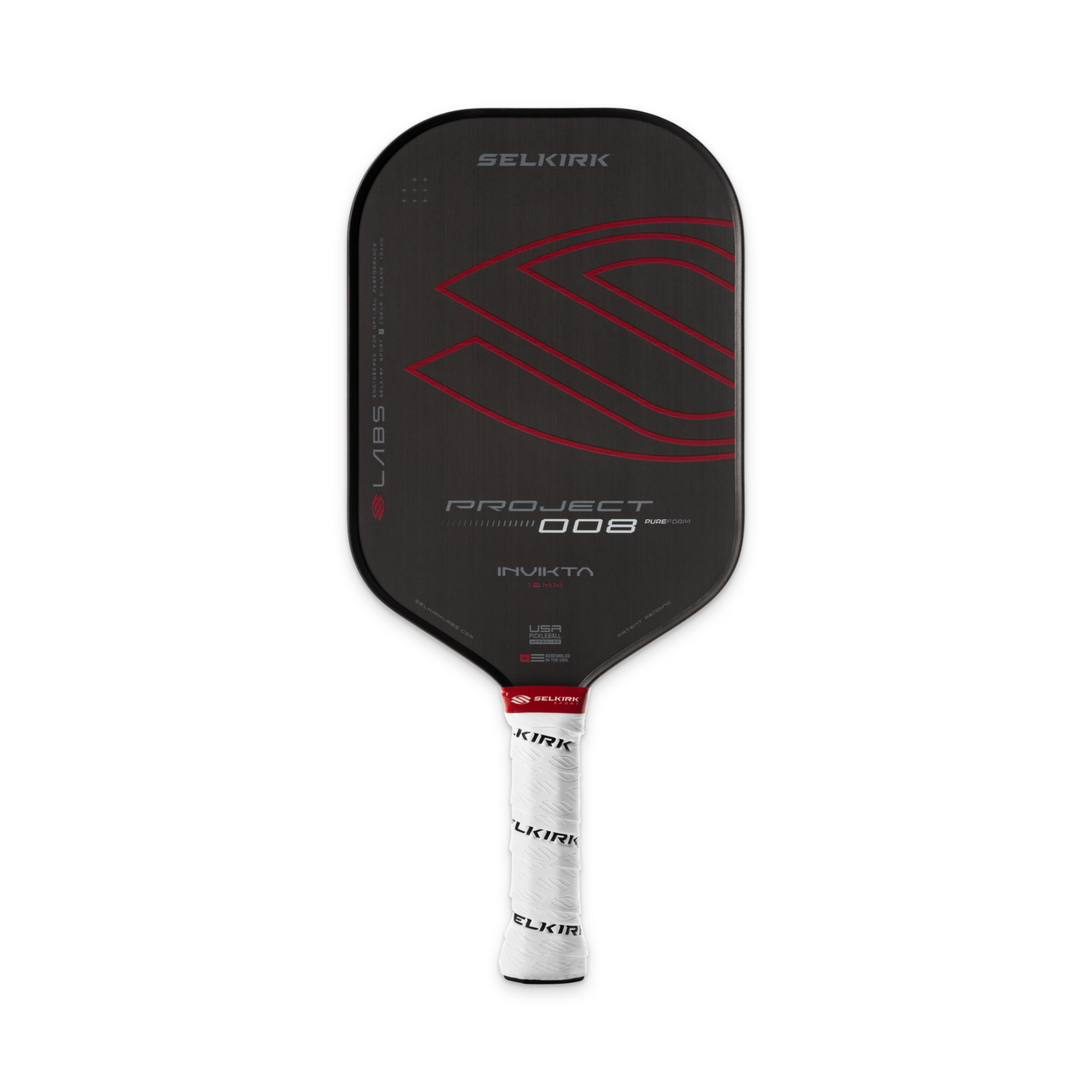 A black Pickleballist Selkirk Labs Project 008 Invikta Elongated 16mm pickleball paddle with red accents and a white grip wrapped in Selkirk-branded tape.