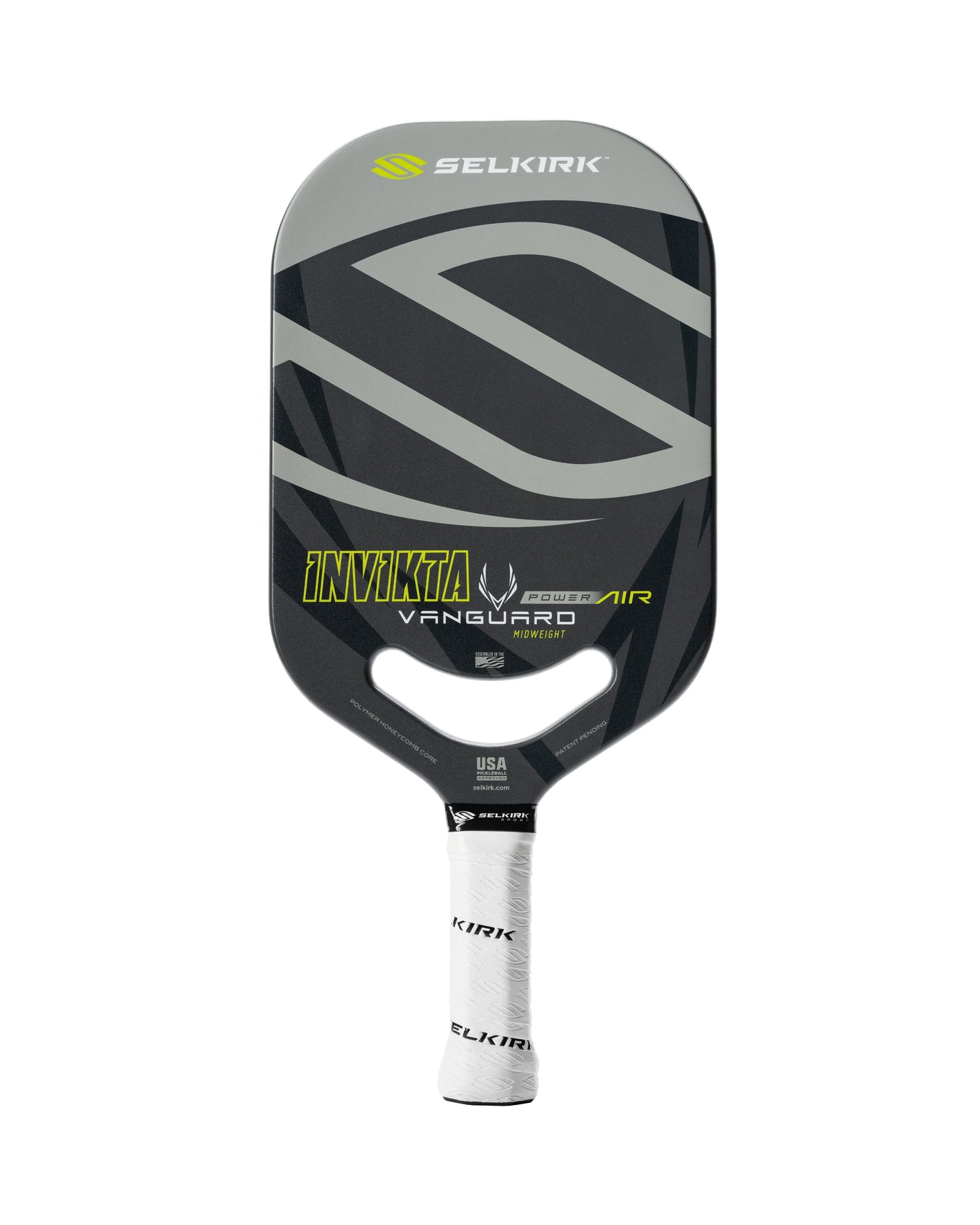 Image of a Selkirk pickleball paddle featuring the Selkirk Power Air Invikta Pickleball Paddle model from the Vanguard Power Air series. It has a black and gray design with white and green text, a white grip, and embodies Selkirk's high-performance paddles. Comes with a Limited Lifetime Warranty for added peace of mind.