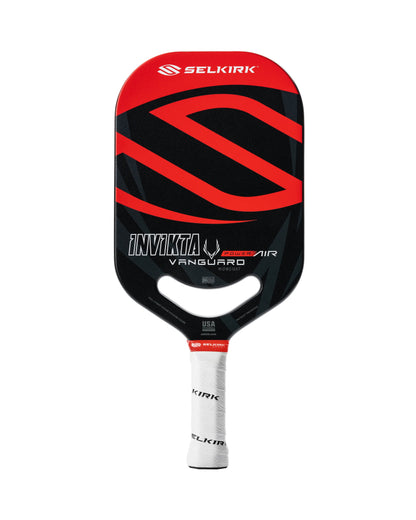 The Selkirk Power Air Invikta Pickleball Paddle features a sleek black and red face, paired with a white grip. This high-performance paddle proudly displays the "Selkirk" brand name and comes with a Limited Lifetime Warranty for added peace of mind.