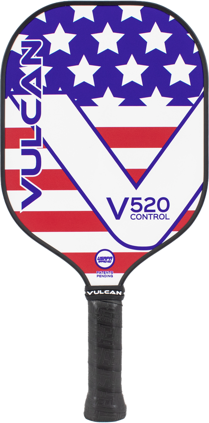 A Pickleballist Vulcan V520 Control pickleball paddle with an Americana design, featuring white stars on a blue background and red and white stripes.