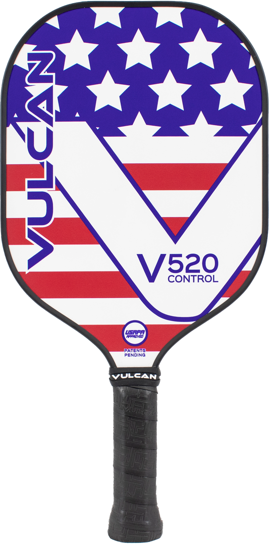 A Pickleballist Vulcan V520 Control pickleball paddle with an Americana design, featuring white stars on a blue background and red and white stripes.