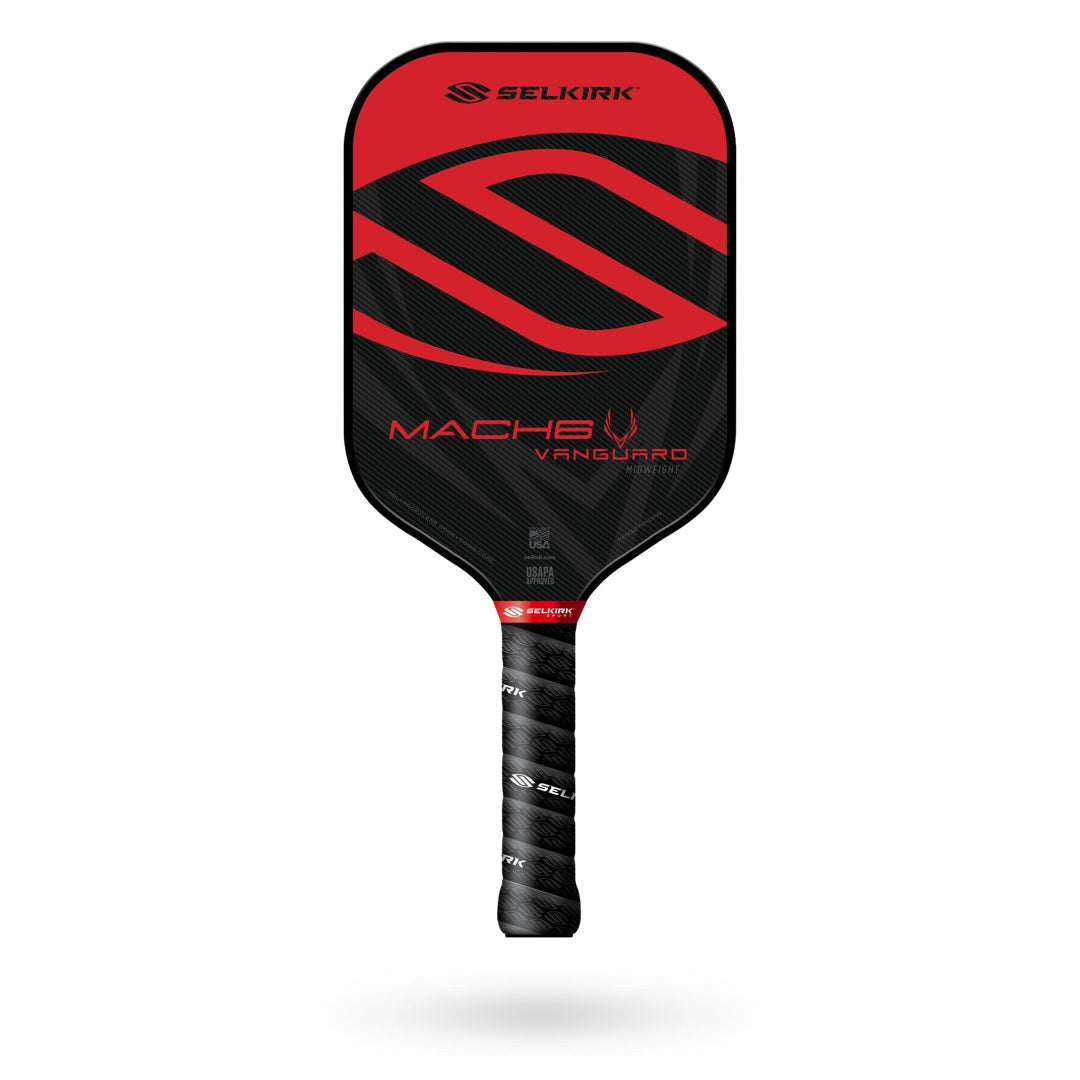 A Selkirk Vanguard Mach6 Pickleball Paddle in red and black on a white background.