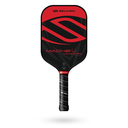 Introducing the Selkirk Vanguard Mach6 Pickleball Paddle, perfect for tennis players transitioning into pickleball. Featuring a red and black design with a textured handle, it's ideal for mastering that two-handed backhand. Displayed against a white background, it’s both stylish and functional.