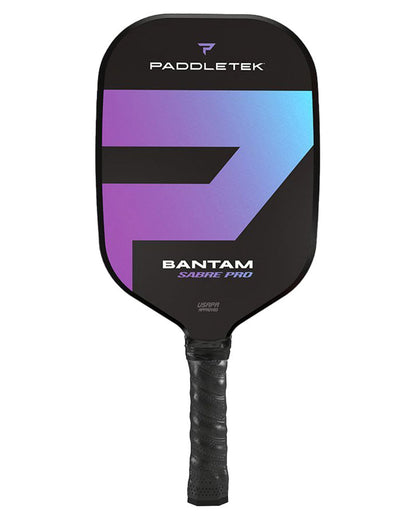 Pickleballist Paddletek Bantam Sabre Pro pickleball paddle designed for singles players, featuring a purple and blue gradient design and black grip.