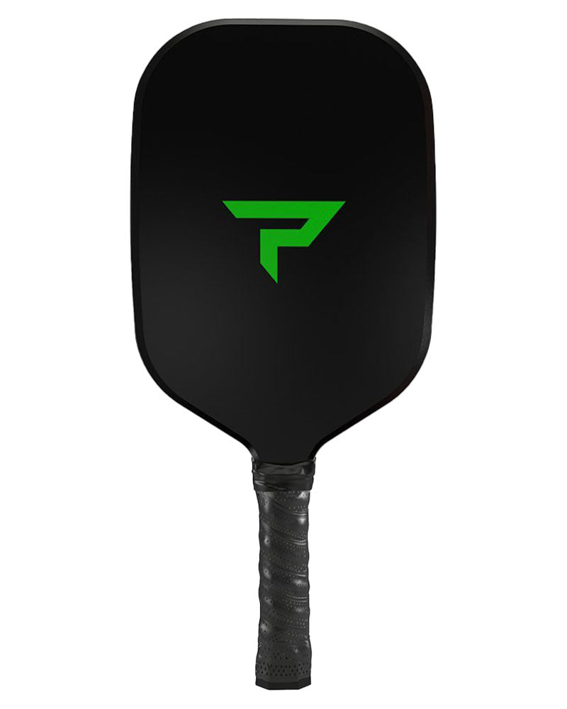 Black Paddletek Bantam Sabre Pro pickleball paddle with a green letter "p" logo on the face and a textured grip handle by Pickleballist.