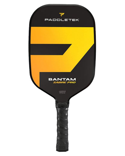 Pickleballist Bantam Sabre Pro pickleball paddle designed by Scott Moore, featuring a black and yellow diagonal pattern.