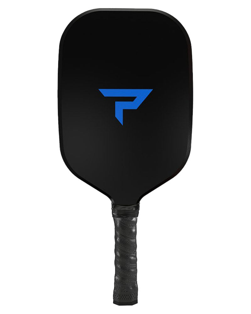 Pickleballist Paddletek Bantam Sabre Pro pickleball paddle with blue logo on the face and a textured black grip handle, designed for singles players like Scott Moore, isolated on a white background.