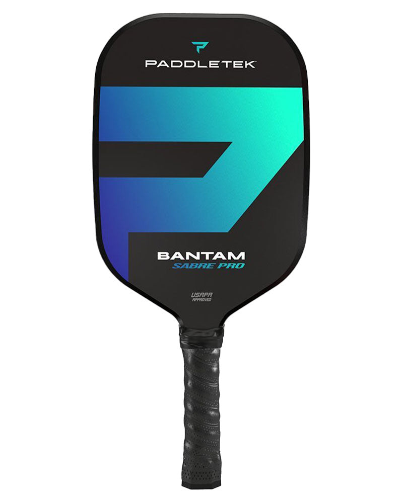 A Pickleballist Bantam Sabre Pro pickleball paddle, designed for singles players, features a blue and black color scheme with prominent brand logos.