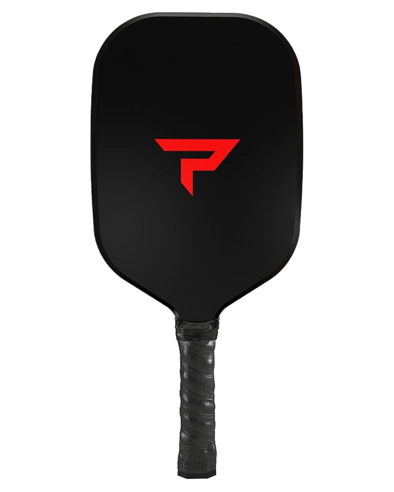 Black Pickleballist Bantam Sabre Pro pickleball paddle with a red logo in the center and a textured grip handle, isolated on a white background.