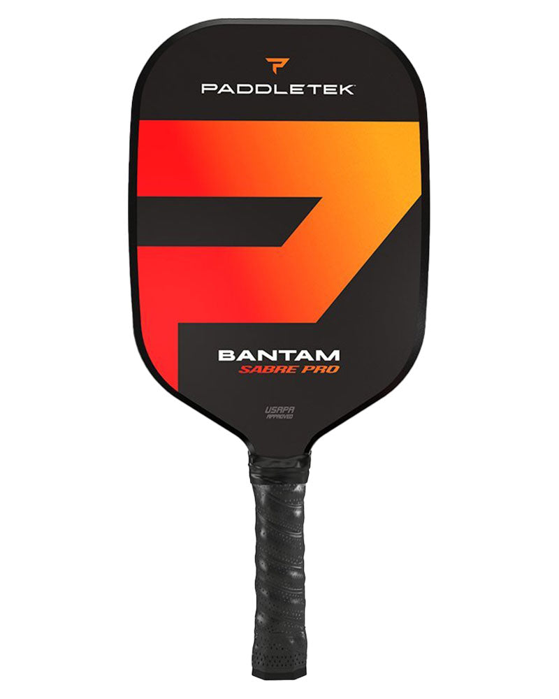 Pickleball paddle by Pickleballist, Paddletek Bantam Sabre Pro model, featuring a black, orange, and red design with the brand name and logo.