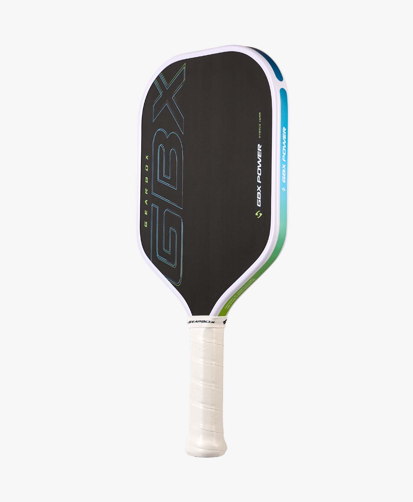 The Gearbox Sports GBX Power Hybrid - 16mm Gen-3 Honeycomb pickleball paddle, black and green with a white grip, features "GBX" and "Gearbox" on the face and a durable honeycomb core, set against a plain white background.
