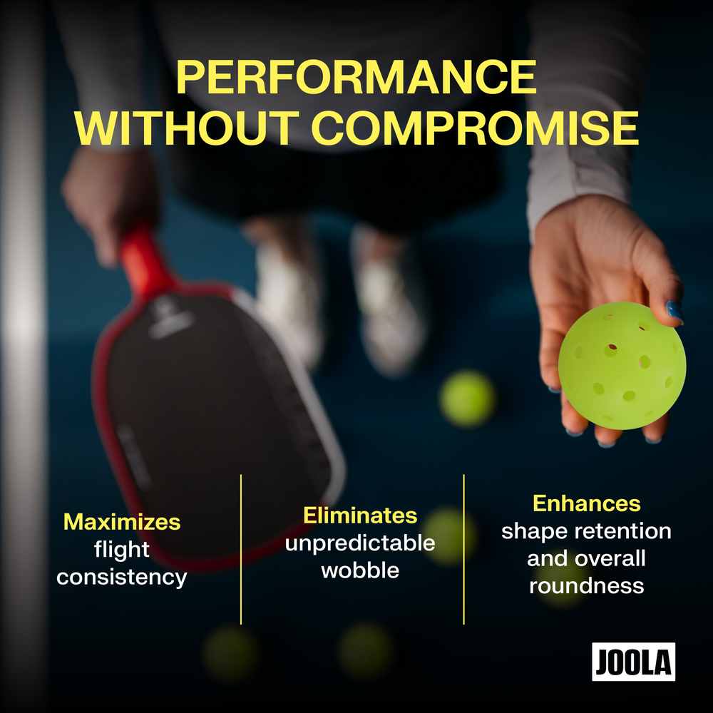 A person holds a Pickleballist JOOLA HC-40 Pickleball - Shock Yellow paddle and ball, with text highlighting consistent flight, reduced wobble, and improved shape retention for durable pickleballs.