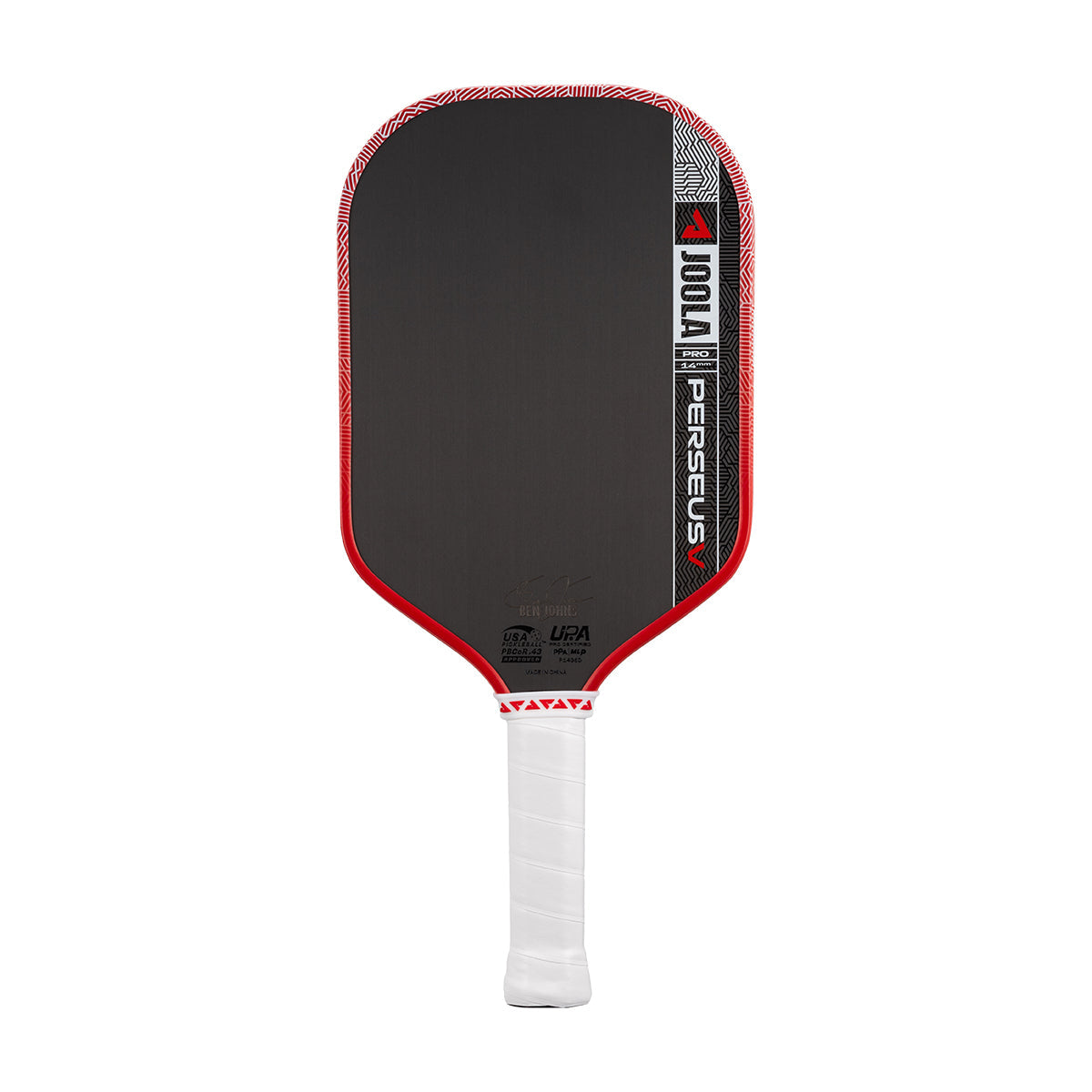The JOOLA Perseus Pro V 14mm Ben Johns Blaze Red Pickleball Paddle features a black face, bold branding, white handle, and red trim, all displayed against a white background.