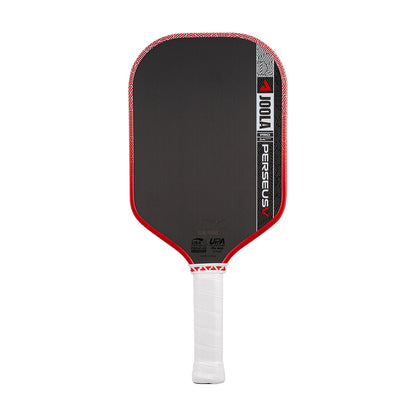 The JOOLA Perseus Pro V 14mm Ben Johns Blaze Red Pickleball Paddle features a black face, bold branding, white handle, and red trim, all displayed against a white background.