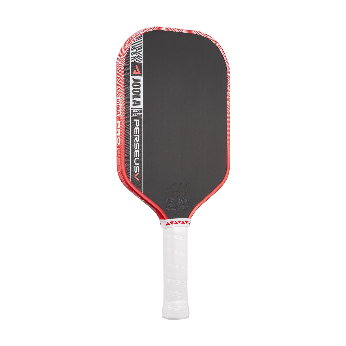 A JOOLA Perseus Pro V 14mm Ben Johns Blaze Red Pickleball Paddle, featuring black and red colors with a white handle, is displayed upright against a white background, similar to the Ben Johns paddle.