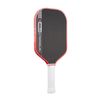 A JOOLA Perseus Pro V 14mm Ben Johns Blaze Red Pickleball Paddle, featuring black and red colors with a white handle, is displayed upright against a white background, similar to the Ben Johns paddle.