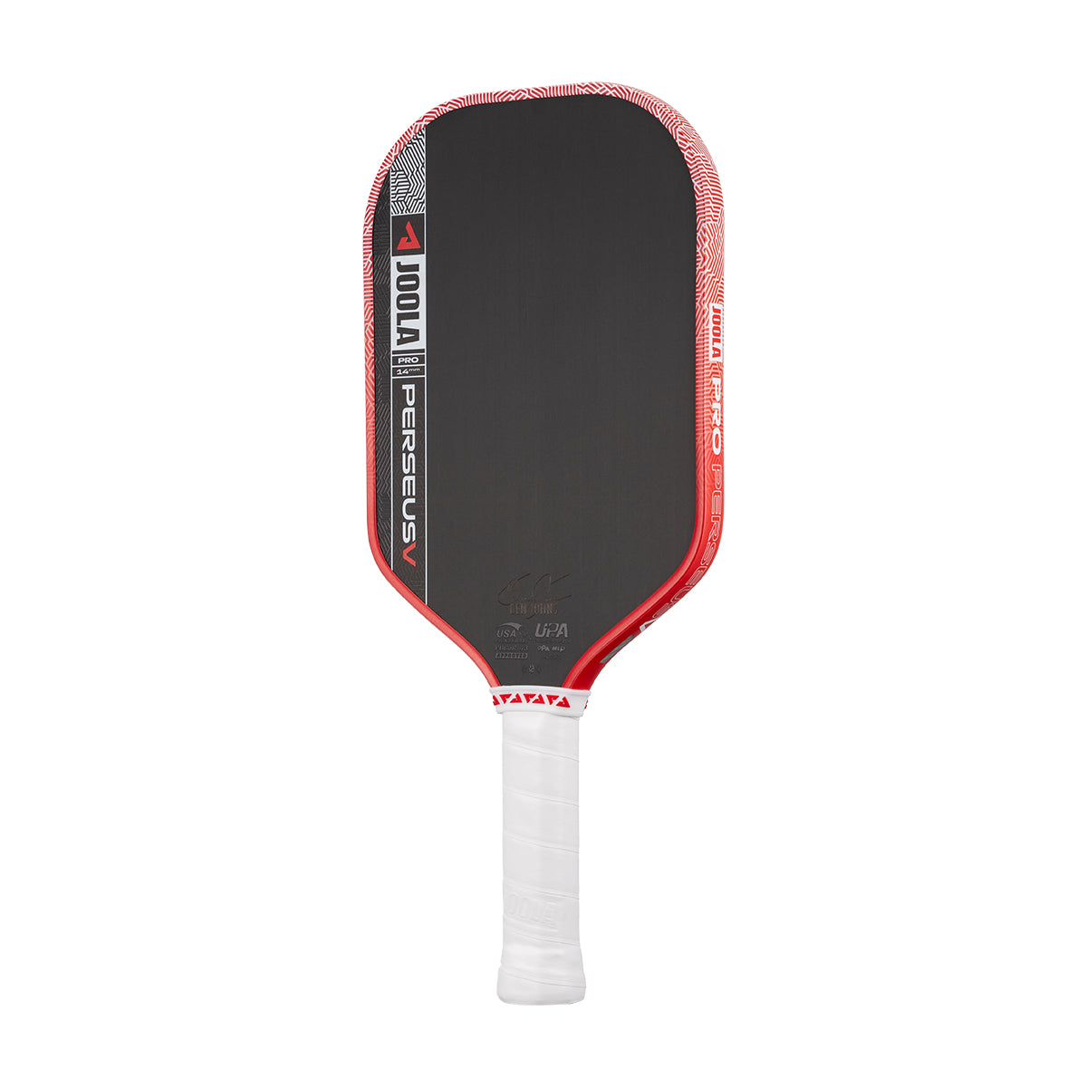 A JOOLA Perseus Pro V 14mm Ben Johns Blaze Red Pickleball Paddle with a black, red face and white grip stands upright against a plain white background.