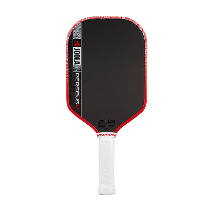 The JOOLA Perseus Pro V 14mm Ben Johns Blaze Red Pickleball Paddle features carbon fiber construction, a white grip, red edges, and black face—engineered for high performance and chosen by champion Ben Johns.