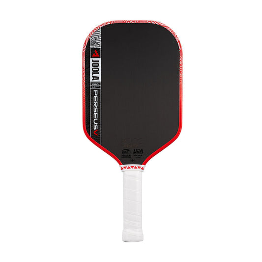 The JOOLA Perseus Pro V 14mm Ben Johns Blaze Red Pickleball Paddle features carbon fiber construction, a white grip, red edges, and black face—engineered for high performance and chosen by champion Ben Johns.