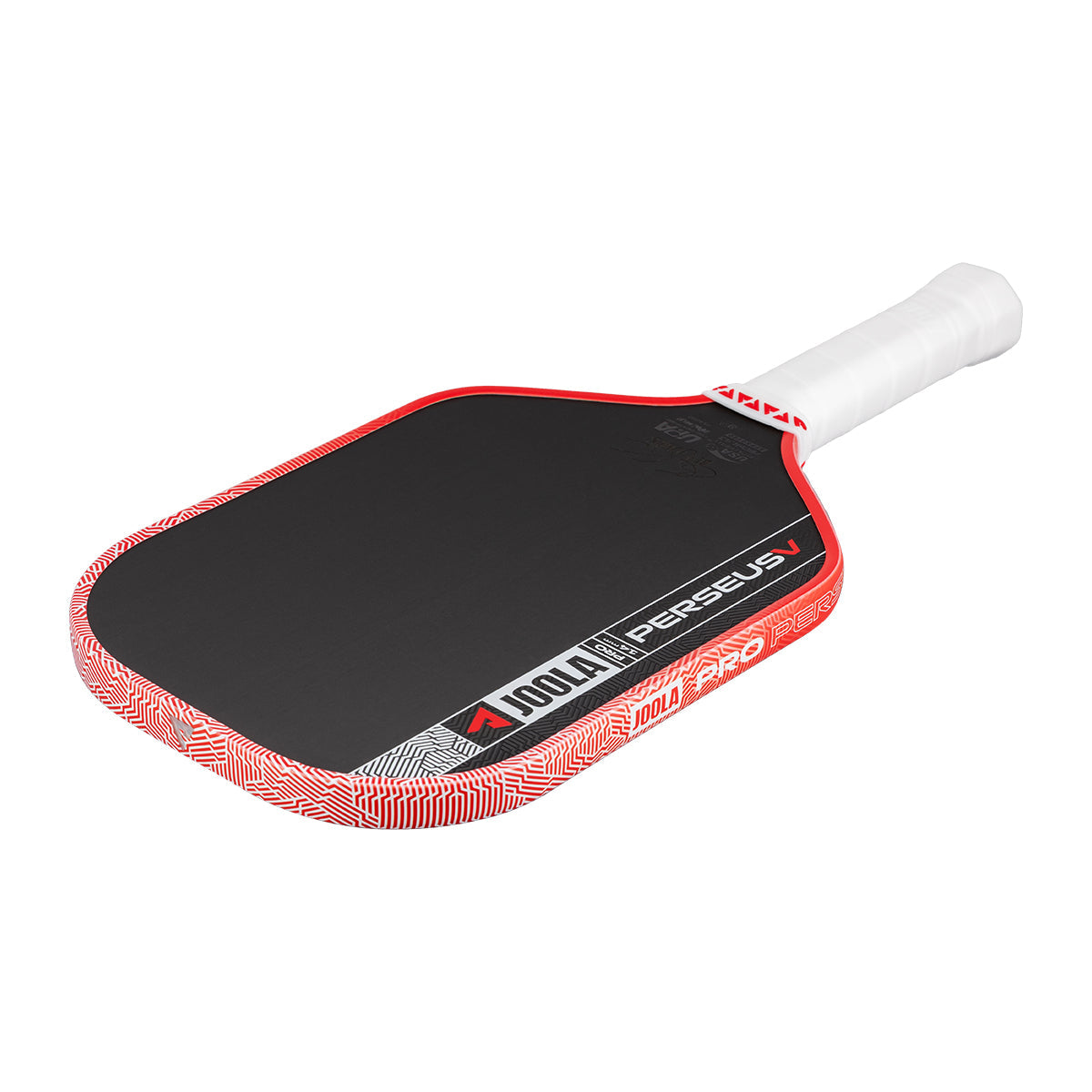 The JOOLA Perseus Pro V 14mm Ben Johns Blaze Red Pickleball Paddle features a black face, red and white edge, and white grip, all displayed on a white background.