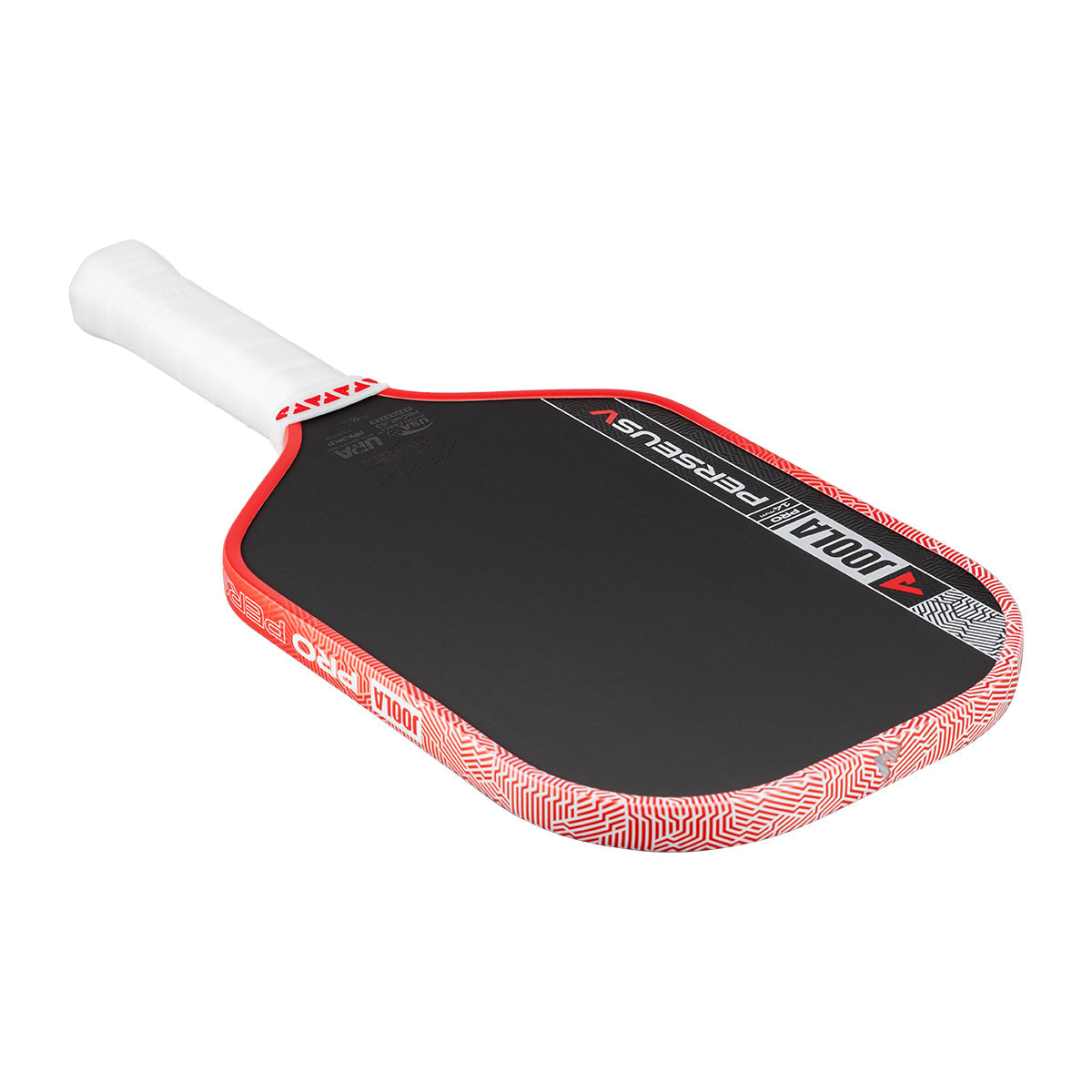 The JOOLA Perseus Pro V 14mm Ben Johns Blaze Red Pickleball Paddle in black and red features a carbon fiber build, white grip, and patterned edge detail, shown from an angled view.