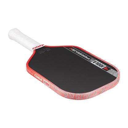 The JOOLA Perseus Pro V 14mm Ben Johns Blaze Red Pickleball Paddle in black and red features a carbon fiber build, white grip, and patterned edge detail, shown from an angled view.
