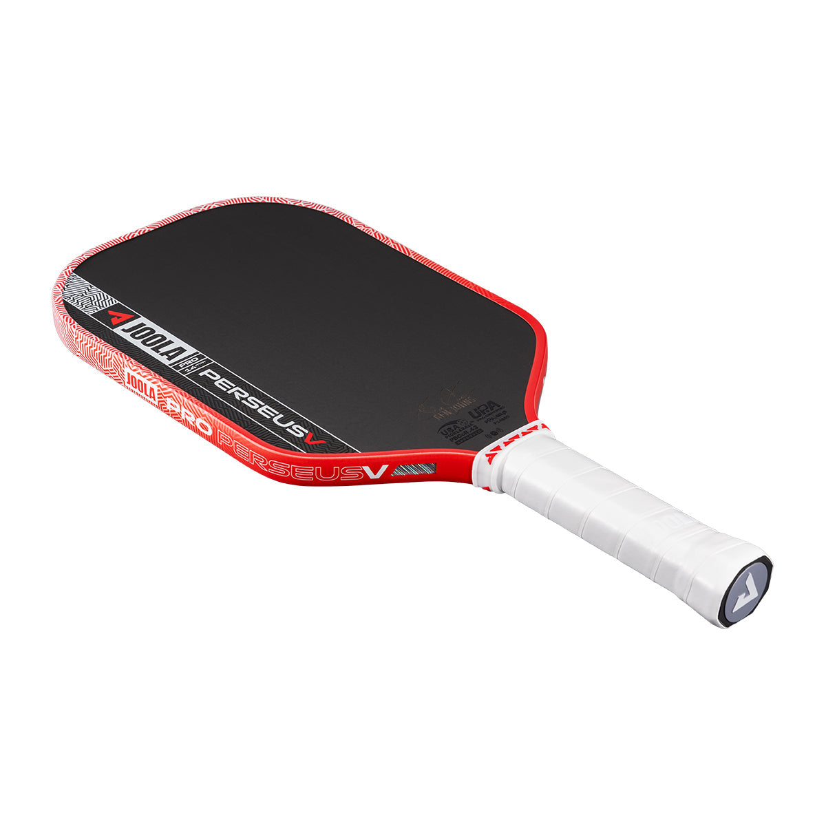 The JOOLA Perseus Pro V 14mm Ben Johns Blaze Red Pickleball Paddle features a black face, red edge trim, and white wrapped handle—just like Ben Johns uses.