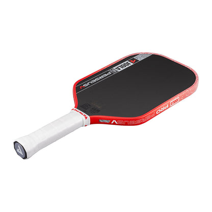 A JOOLA Perseus Pro V 14mm Ben Johns Blaze Red Pickleball Paddle by JOOLA, featuring black and red carbon fiber and a white-wrapped handle, is shown on a white background.