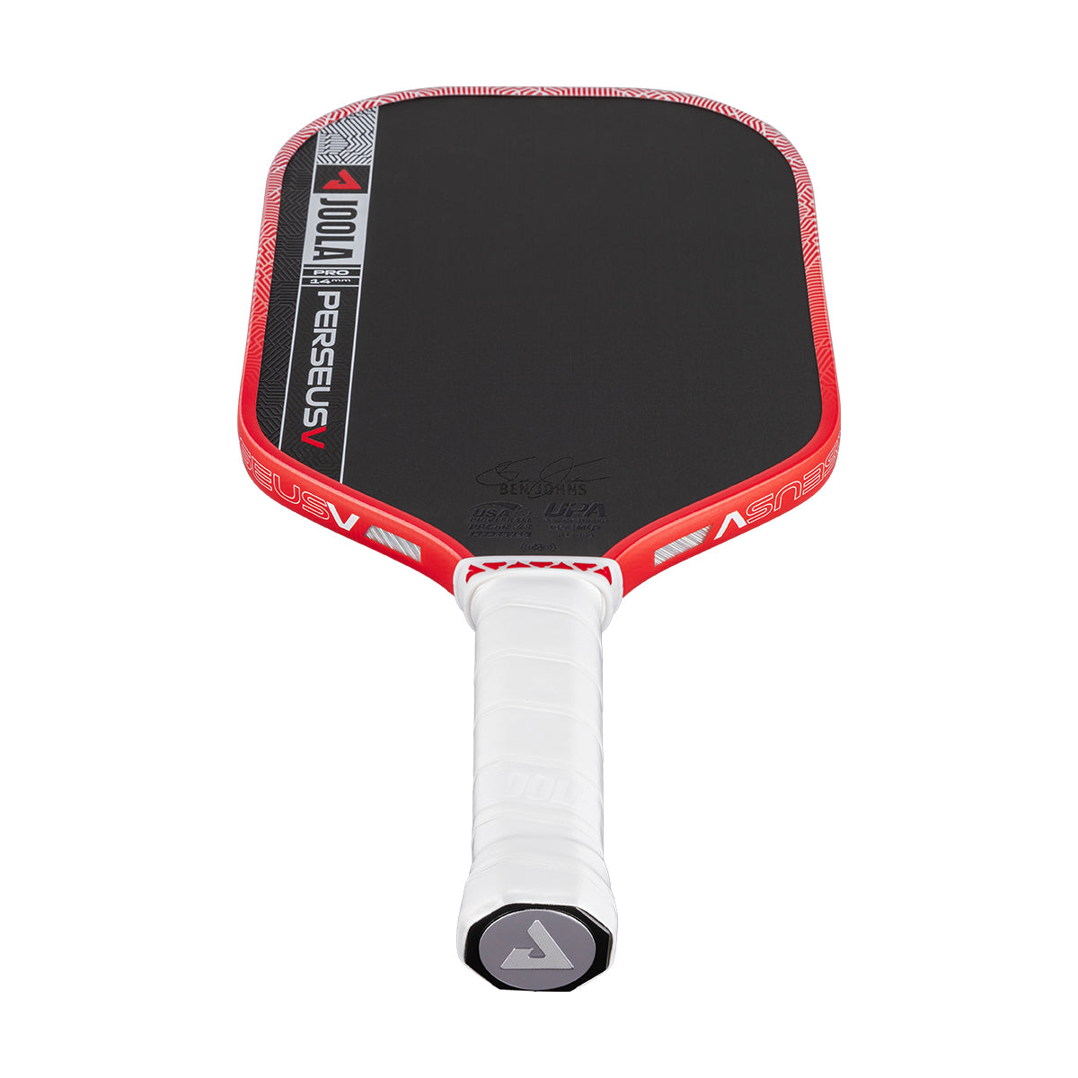The JOOLA Perseus Pro V 14mm Ben Johns Blaze Red Pickleball Paddle by JOOLA, featuring a black face, red edge, and white grip handle, is displayed against a white background.