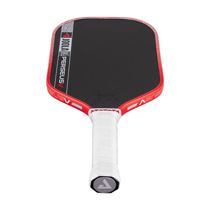 The JOOLA Perseus Pro V 14mm Ben Johns Blaze Red Pickleball Paddle by JOOLA, featuring a black face, red edge, and white grip handle, is displayed against a white background.