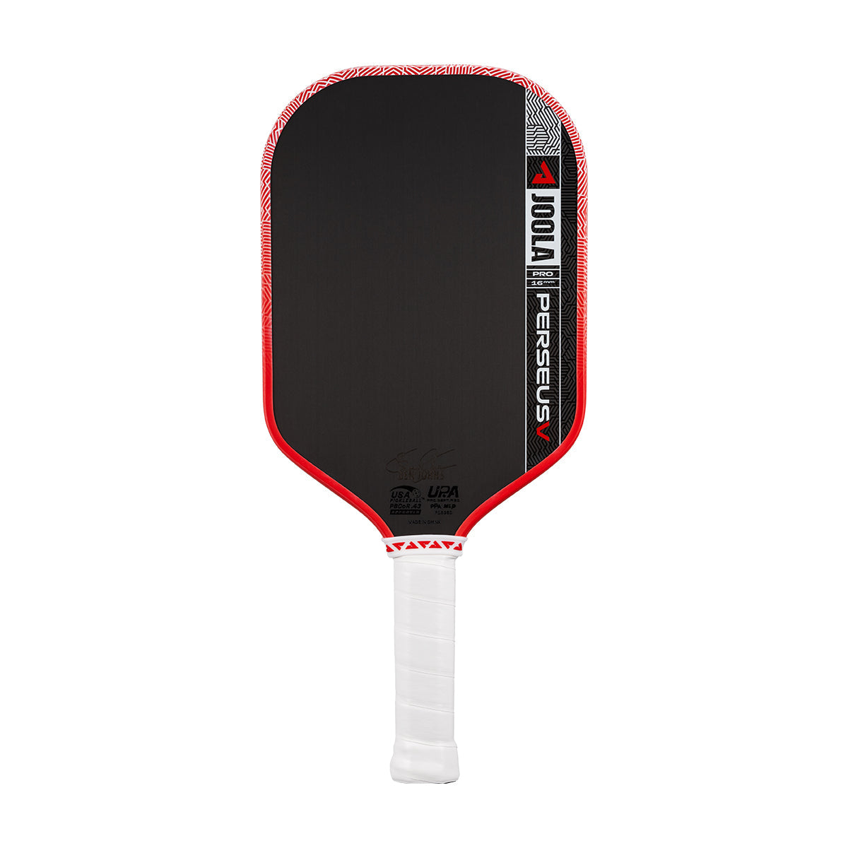 The JOOLA Perseus Pro V 16mm Ben Johns Blaze Red Pickleball Paddle is shown with a black face, red trim, and a white grip against a plain white background.