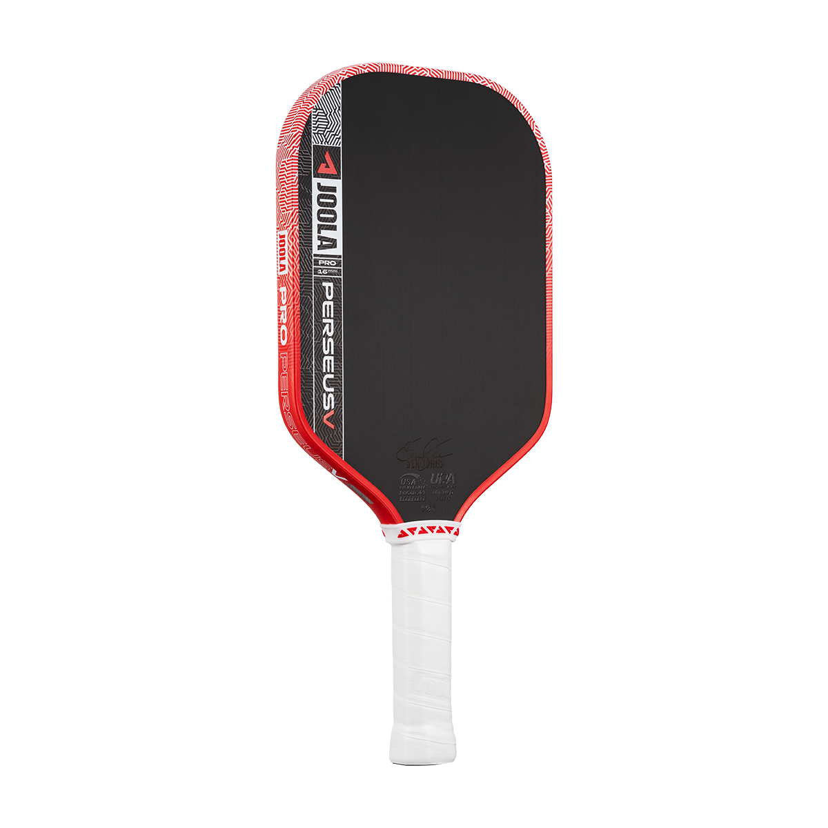 The JOOLA Perseus Pro V 16mm Ben Johns Blaze Red Pickleball Paddle, a professional carbon fiber paddle with a white handle, is shown upright against a plain white background.