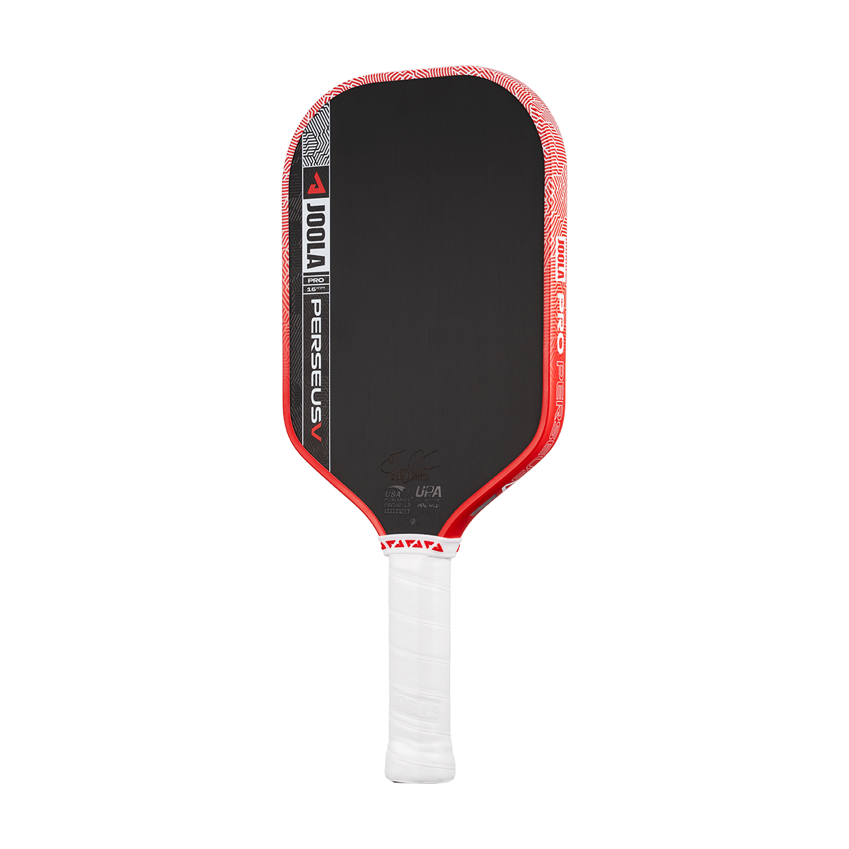 A JOOLA Perseus Pro V 16mm Ben Johns Blaze Red Pickleball Paddle with a white grip is displayed on a plain white background.