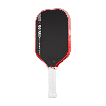 A JOOLA Perseus Pro V 16mm Ben Johns Blaze Red Pickleball Paddle with a white grip is displayed on a plain white background.