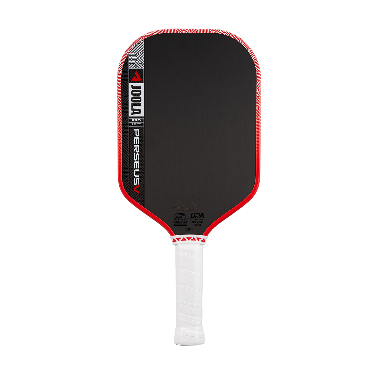 The JOOLA Perseus Pro V 16mm Ben Johns Blaze Red Pickleball Paddle features a carbon fiber face, rectangular shape, and white grip—designed for top performance and favored by pro Ben Johns.