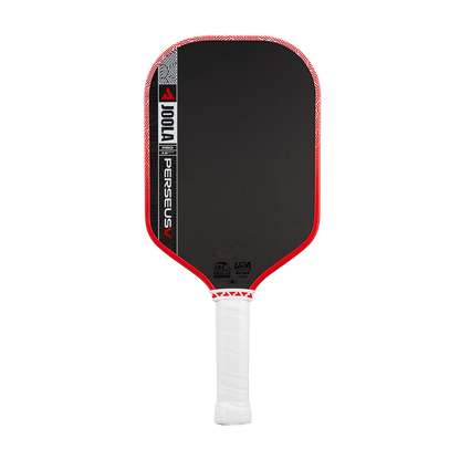 The JOOLA Perseus Pro V 16mm Ben Johns Blaze Red Pickleball Paddle features a carbon fiber face, rectangular shape, and white grip—designed for top performance and favored by pro Ben Johns.