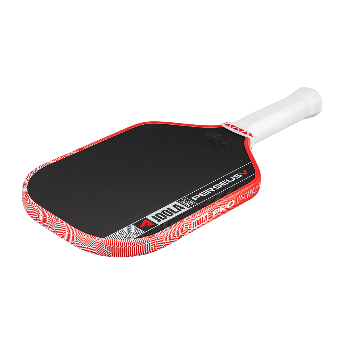The JOOLA Perseus Pro V 16mm Ben Johns Blaze Red Pickleball Paddle features a black carbon fiber face, red edge, white grip, and "JOOLA" branding—ideal for players seeking a professional-grade paddle.
