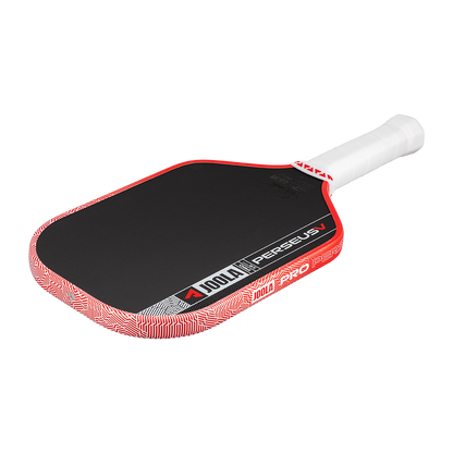 The JOOLA Perseus Pro V 16mm Ben Johns Blaze Red Pickleball Paddle features a black carbon fiber face, red edge, white grip, and "JOOLA" branding—ideal for players seeking a professional-grade paddle.