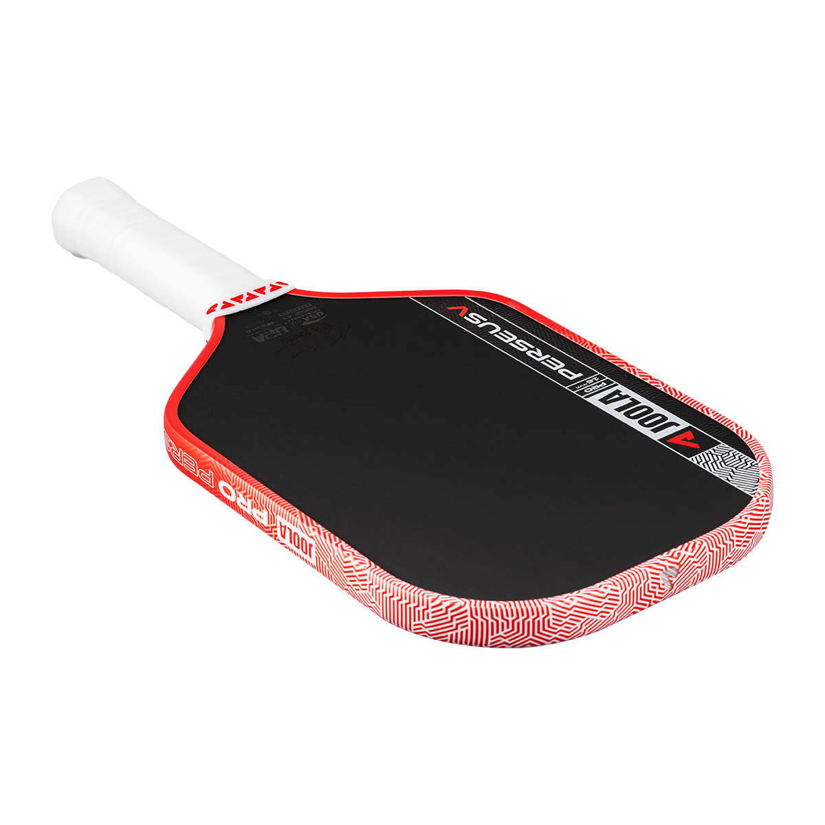 The JOOLA Perseus Pro V 16mm Ben Johns Blaze Red Pickleball Paddle features a black carbon fiber face, white handle, and red accents, with “JOOLA Perseus” on the surface—crafted for pros.